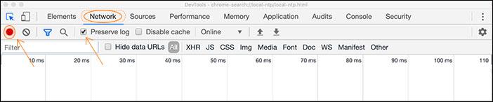 Where to find the record button in Chrome’s dev tools.